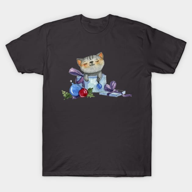 Christmas Cat T-Shirt by AlondraHanley